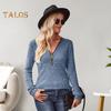 Women Tops V-Neck Zipper Half Placket Long Sleeve Pullover Tops Solid Color Slim Fit Ribbed Knitting Tops