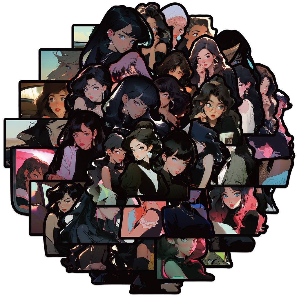 50 Black Border American Retro Old Comic Doodle Stickers Guitar Notebook Suitcase DIY Waterproof Stickers