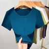 Threaded Short-sleeved T-shirt for Women's New Women's Solid Color Inner Bottoming Shirt Fashionable Big Round Neck Waist Top