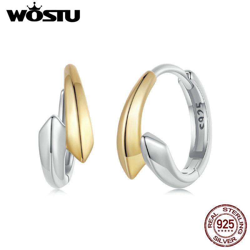 WOSTU 925 Sterling Silver Simple Two Tone Hoop Earrings For Women Yellow Gold Geometry Ear Burckles Wedding Engagement Pendiente