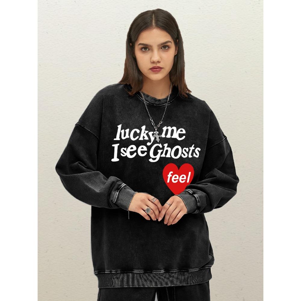 Мне повезло, я вижу призраков, художественный принт с надписью, женский свитшот с эффектом стирки, мягкий хлопок, уличная одежда, свободная спортивная одежда, топ с круглым вырезом