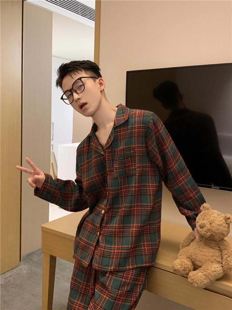 2024 Autumn Loose-Fit Couple Pajama Set - Long Sleeve Christmas Plaid Flannel Homewear