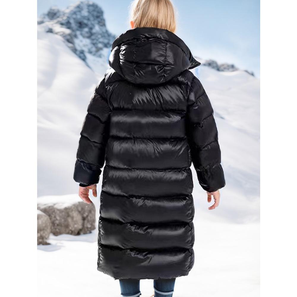 Kids Girls Winter Thickened Hooded Solid Color Warm Down Cotton Long Jacket