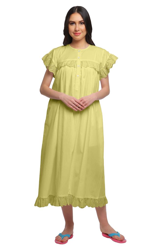 Moomaya Cotton Lace Neckline Sleepwear For Ladies Round Neck Womens