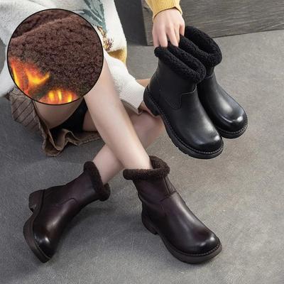 Ретро Плюшевые Теплые Короткие Ботинки Натуральная Кожа Круглый Носок Толстый Каблук Женская Обувь