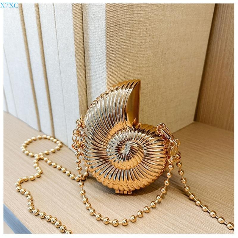 X7XC Metallic Conch Small Shoulder Bag Shining Acrylic Crossbody Purse with Chain Strap Lipstick Case Evening Handbag