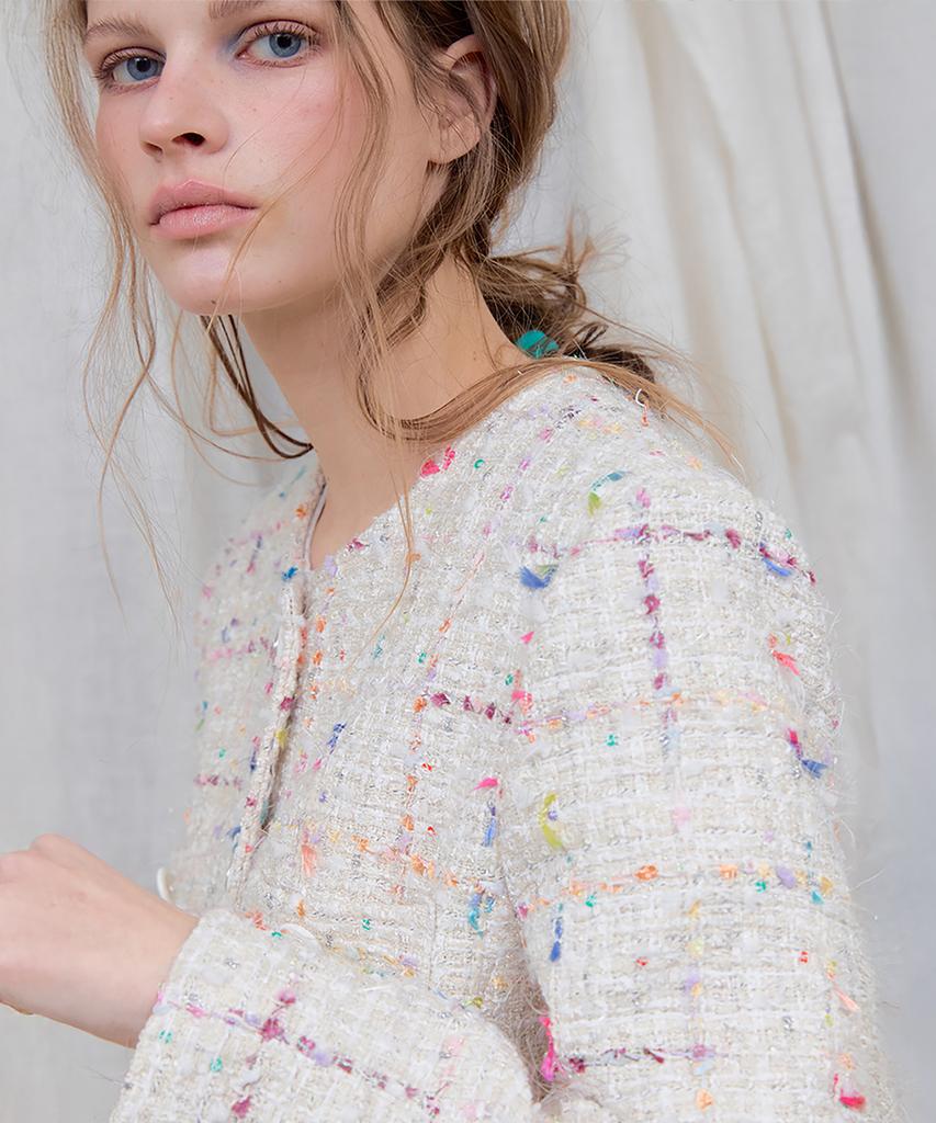 Lonque Round Neck Tweed Jacket (Ivory)