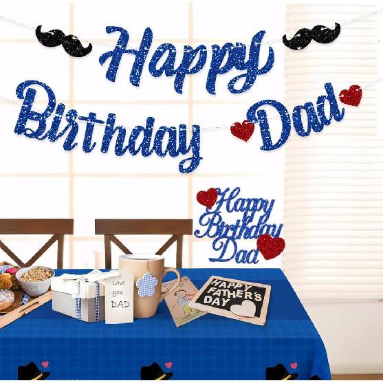 Pre-strung Happy Birthday Dad Decorations Banner Daddy Cake Topper Blue Glitter Father's Day Best Dad Ever Decor Party Supplies NO DIY