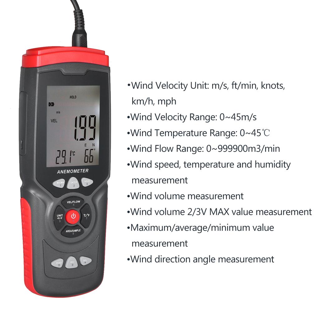Handheld Digital Anemometer Professional Multifunction Anemograph with Detachable Auxiliary Fan Air