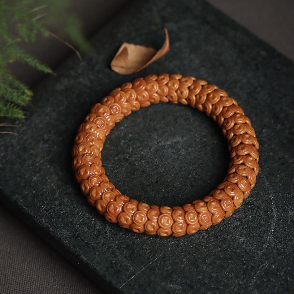 Gold Ingot Monkey Walnut Bodhi Bead Bracelet - High Polish Buddhist Gift for Men and Women