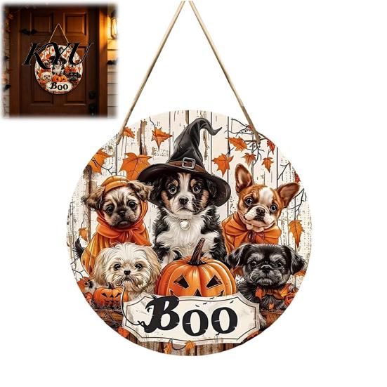 Autumn Maple Leaf Decor Wooden Halloween Door Sign, Cute Puppy Witch Hat Pumpkin Boo Front Gift for Dog Lovers Hanger, Fall Wall Porch Home Decoration