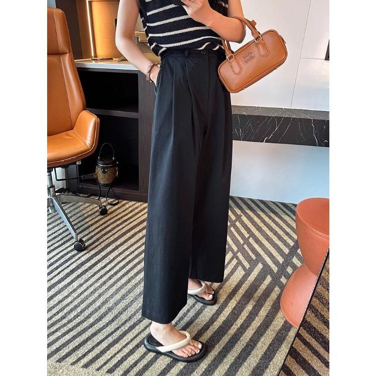Summer Loose High Waist Wide Leg Pants for Short Women Washed High Waist Casual Straight-leg Pants Work Pants