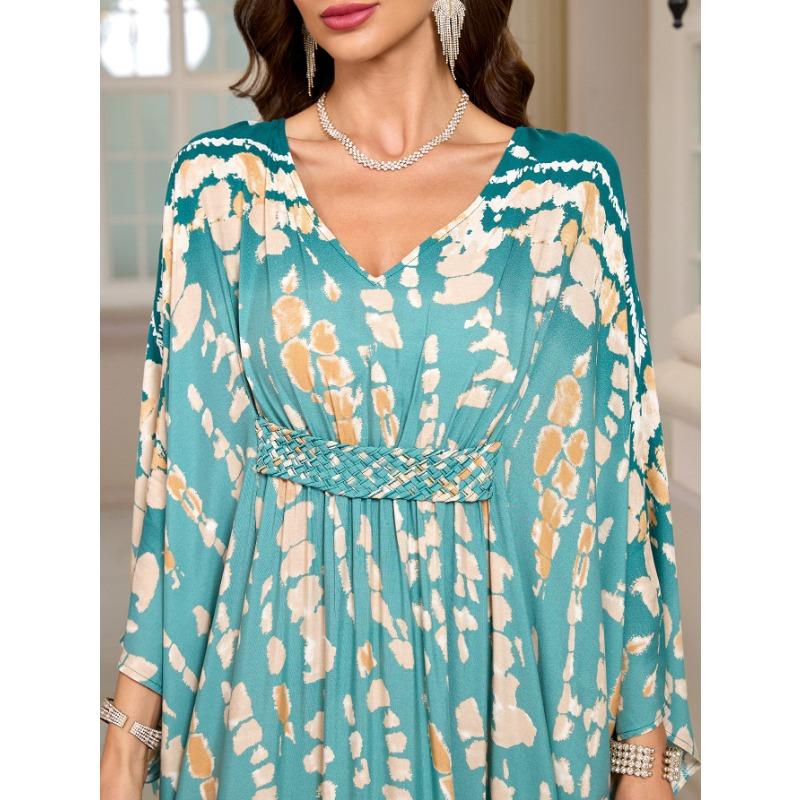 Женская мода весна осень геометрический принт длинный рукав V-образный вырез свободная талия повседневные платья