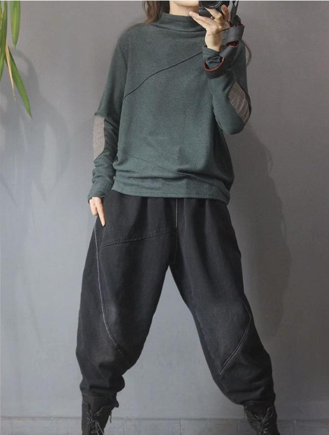 Женский этнический пуловер из флиса с пэчворком - Воротник-стойка, Осень/Зима, Свободный крой