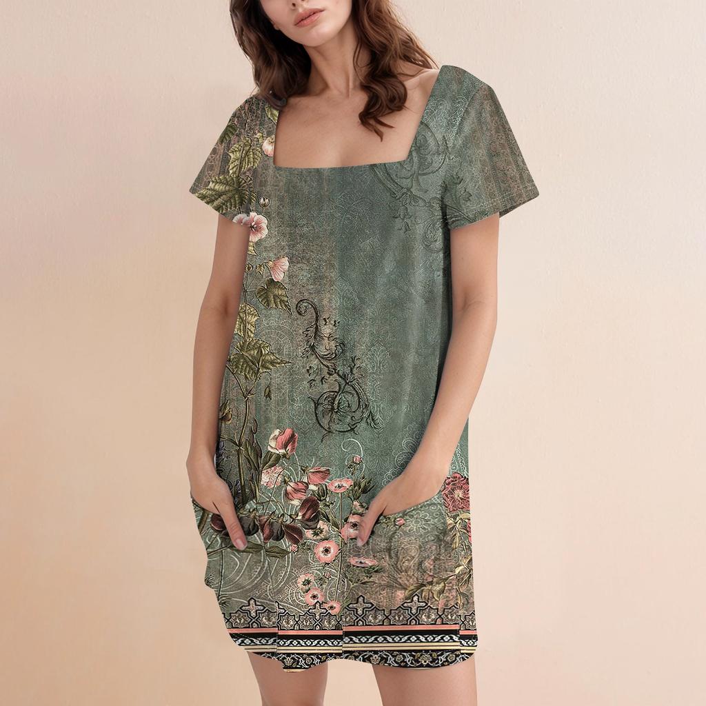 Женское модное повседневное платье с квадратным вырезом и коротким рукавом