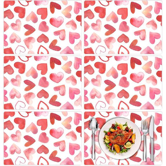 Tarklanda Pink Love Hearts Placemats Set of 6, 11 x 15.7 Inch Washable Vinyl Table Mats Valentine Holiday Plastic Placemats for Anniversary Wedding