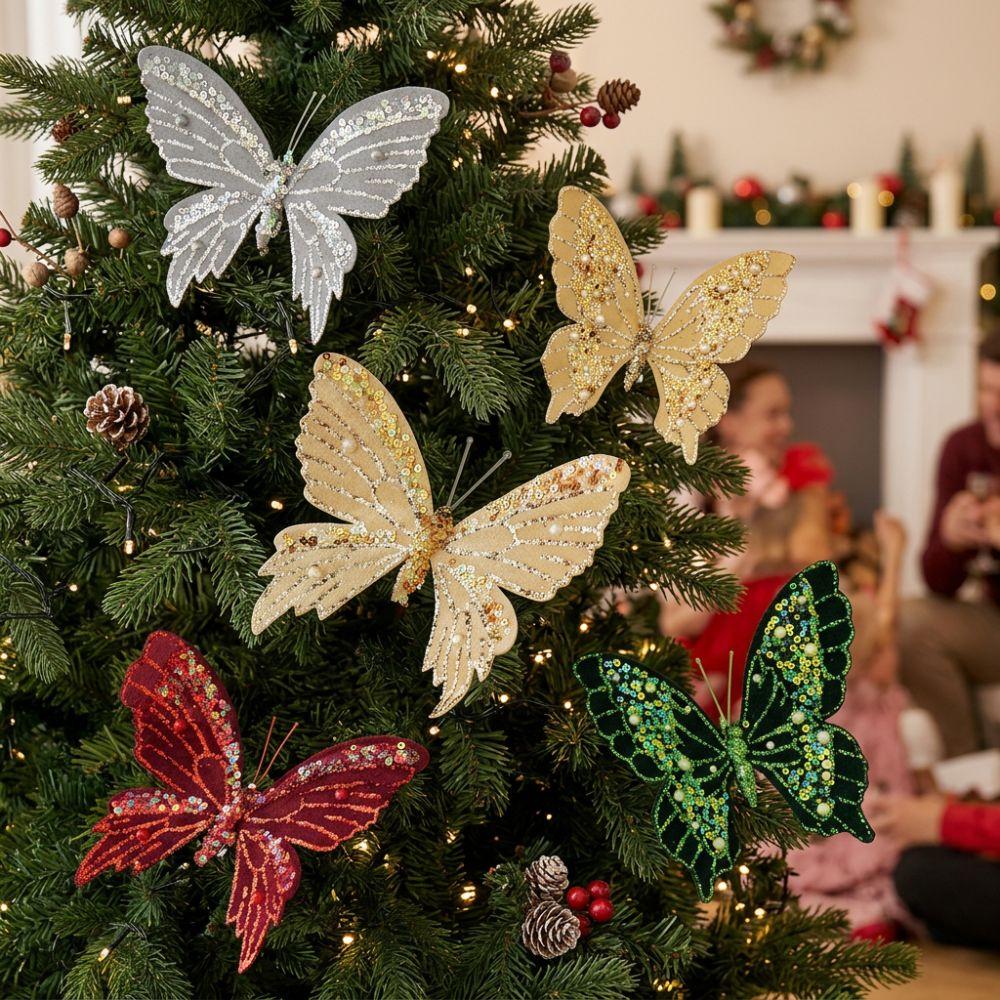 3D Glitter Christmas Sequin Butterfly Ornament Clip-On Pearl Christmas Butterfly Home Decoration