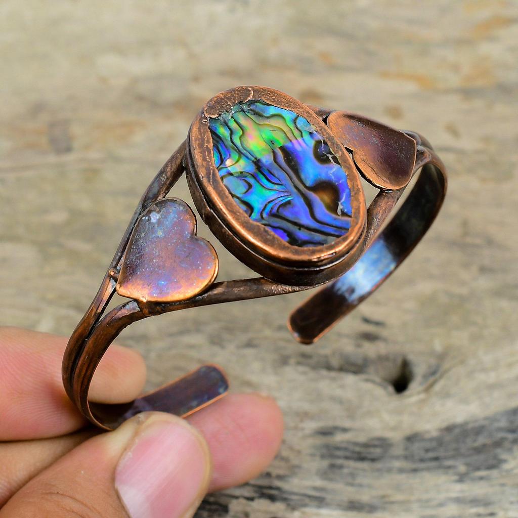 Браслет-манжета из драгоценного камня Раковина Абалона Гальванопластический Медный Браслет-манжета Регулируемый Браслет-манжета Ручной работы Медные украшения Подарки на годовщину