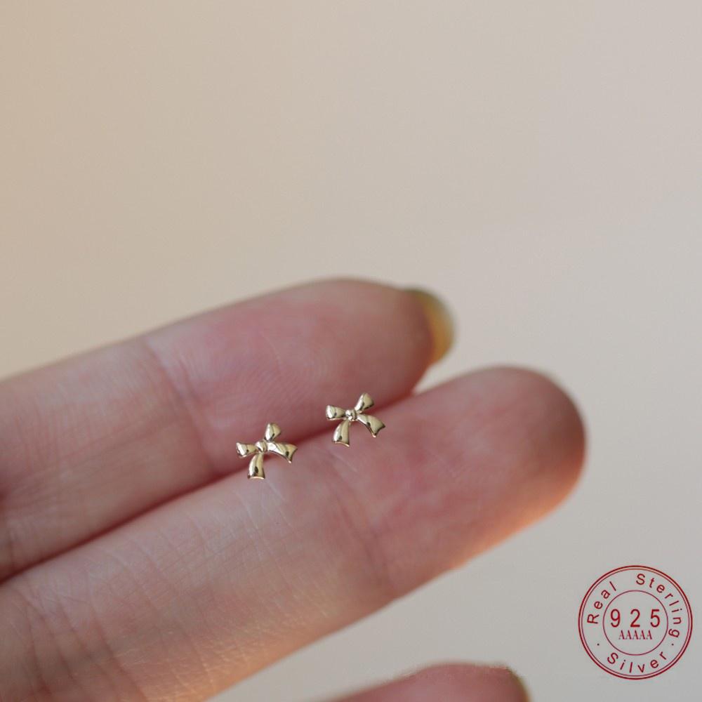 925 Silver Plated 14K Gold Mini Bow Earrings for Women Smooth Cute Small Jewelry Accessories