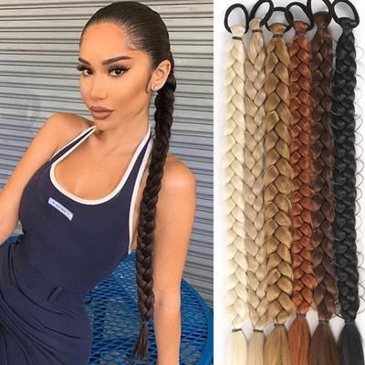 Синтетическая длинная коса, наращивание хвостов, 24 дюйма, эластичная резинка, хвост для женщин, искусственный накладной шиньон