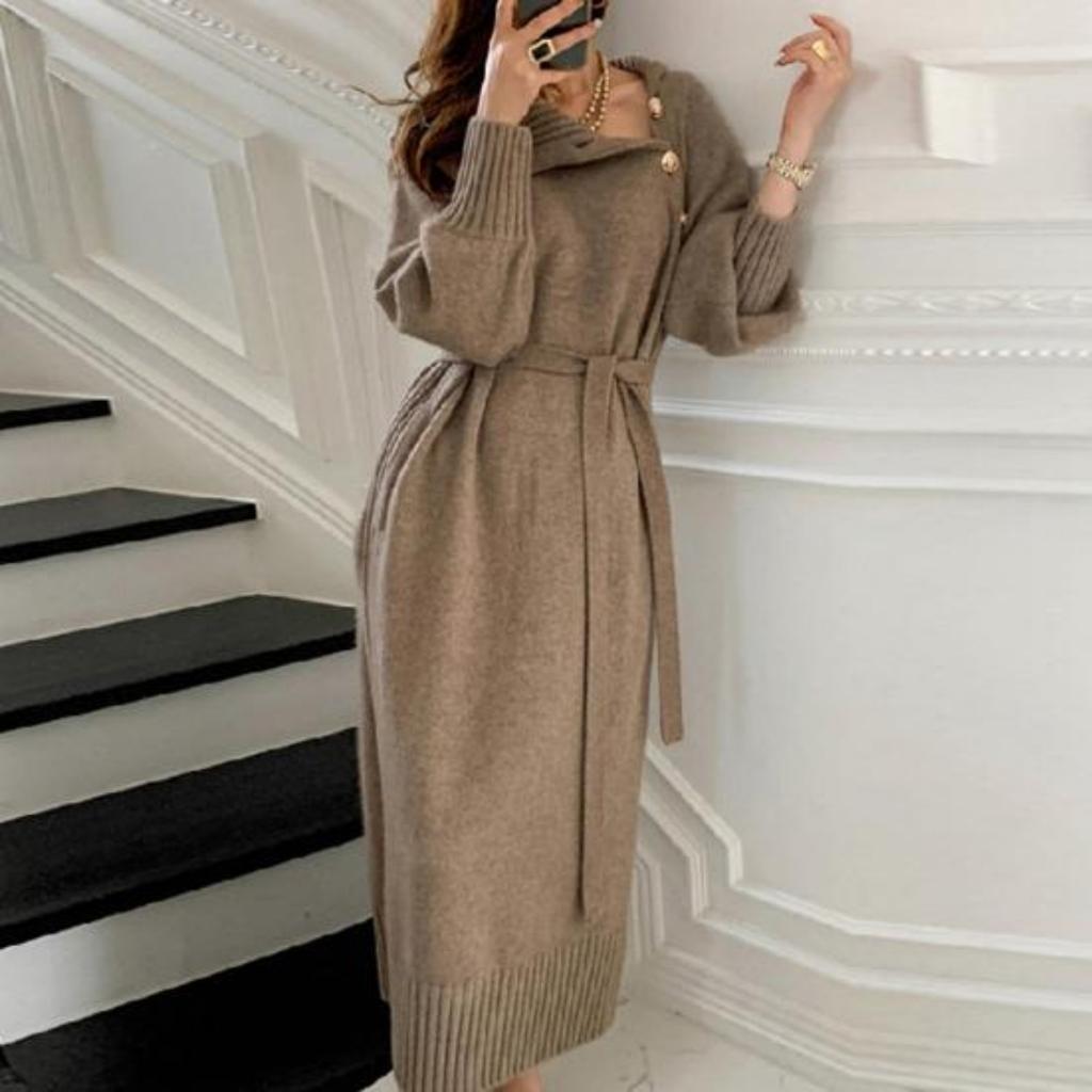 Autumn Winter Lady Dress Knitted High Collar Neck Protection with Belt Long Lantern Sleeves Ankle Length Button Decor Solid Color Maxi Dress