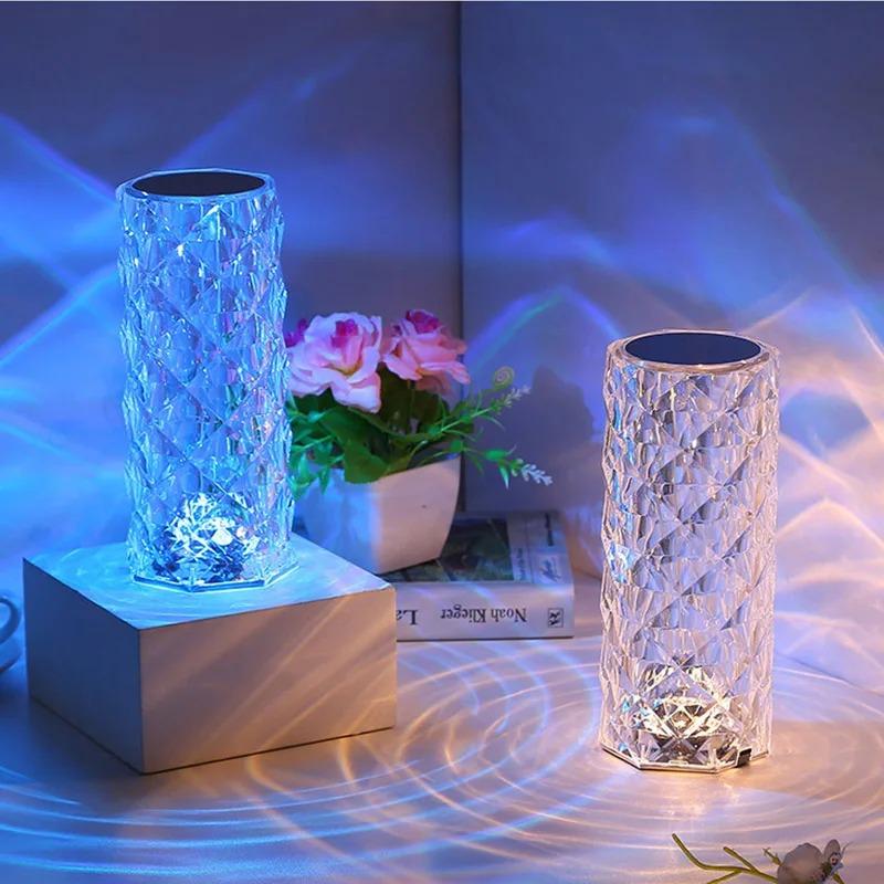 LED Rose Lamp Crystal Table Lamp 3/16 Colors Touch/Remote Diamond Romantic Christmas USB Party Night Light Projector Light
