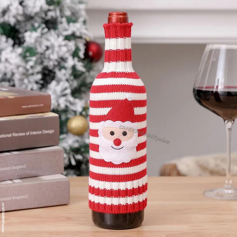 Cute Knitted Wine Bottle Cover Christmas Table Decoration Cartoon Santa Claus Snowman Pattern Red Wine Bottle Decor Xmas Gift