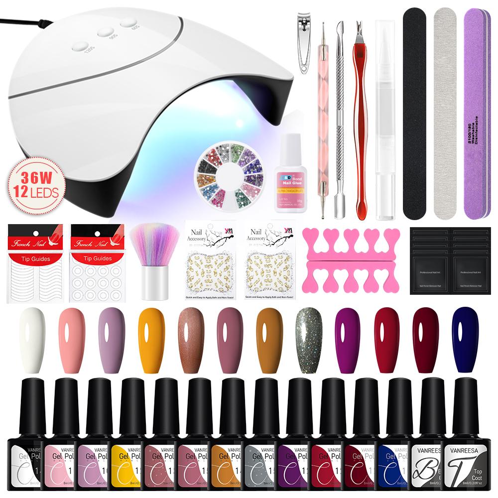 VANREESA Набор гель-лаков для ногтей, 12 цветов, чистый гель-лак и УФ-светодиодная лампа, набор для сушки геля, инструменты для дизайна ногтей, наклейки, лак для дизайна ногтей, маникюрный набор