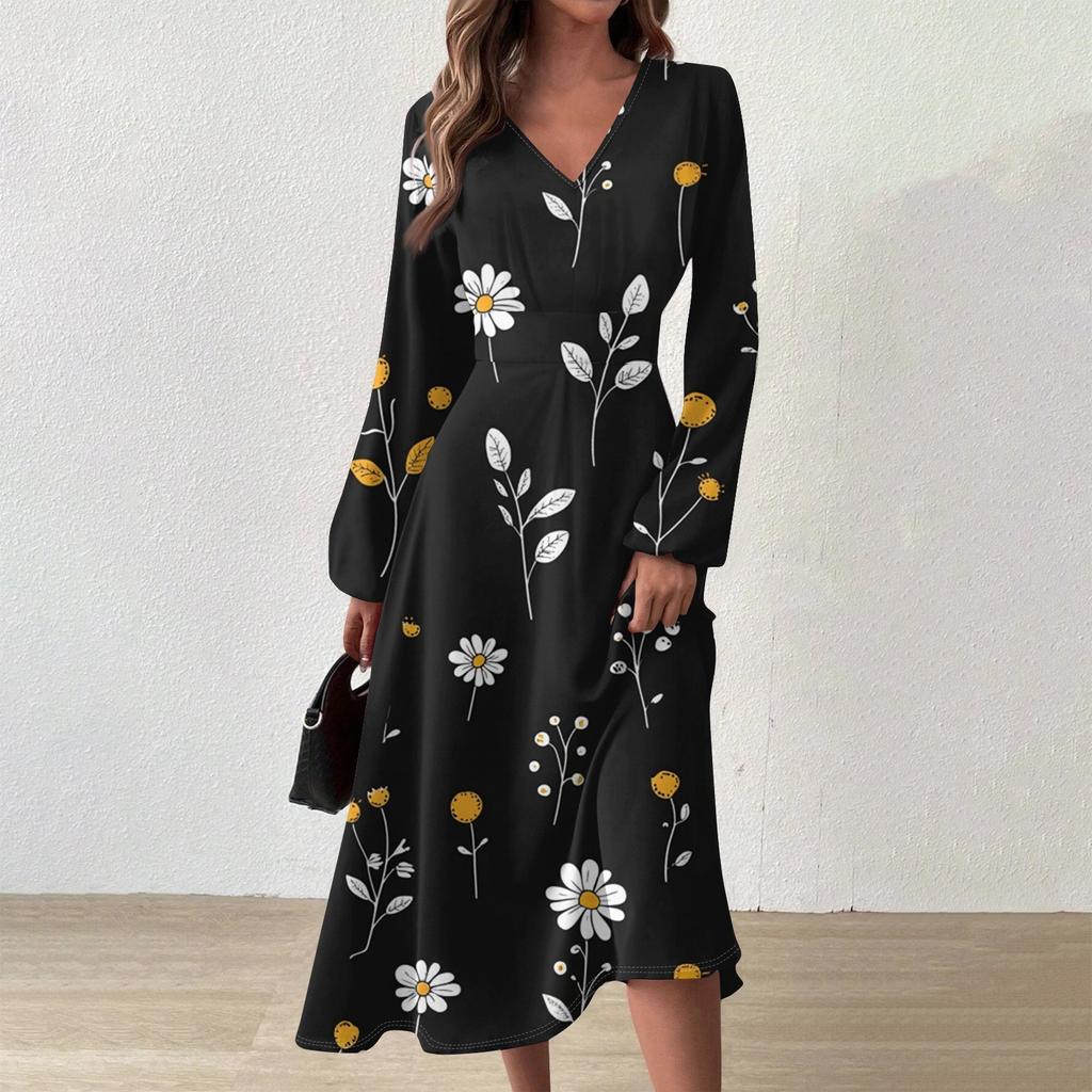 Women's Casual Fashion V-Neck Long Sleeve Floral Print Long Dress