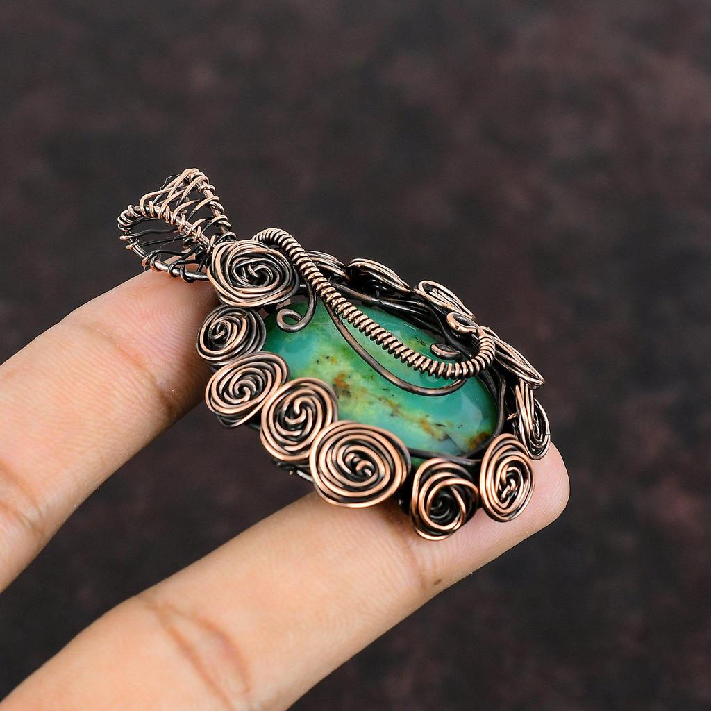 Подвеска из хризопраза, обернутая медной проволокой, подвеска из настоящего драгоценного камня, подвеска ручной работы, обернутая медной проволокой, изящная подвеска, подарок для мамы