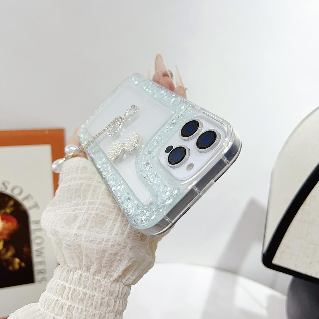 For iPhone 16 Pro Max Case with Bow Decor Glitter Rhinestone Epoxy Design TPU Phone Cover