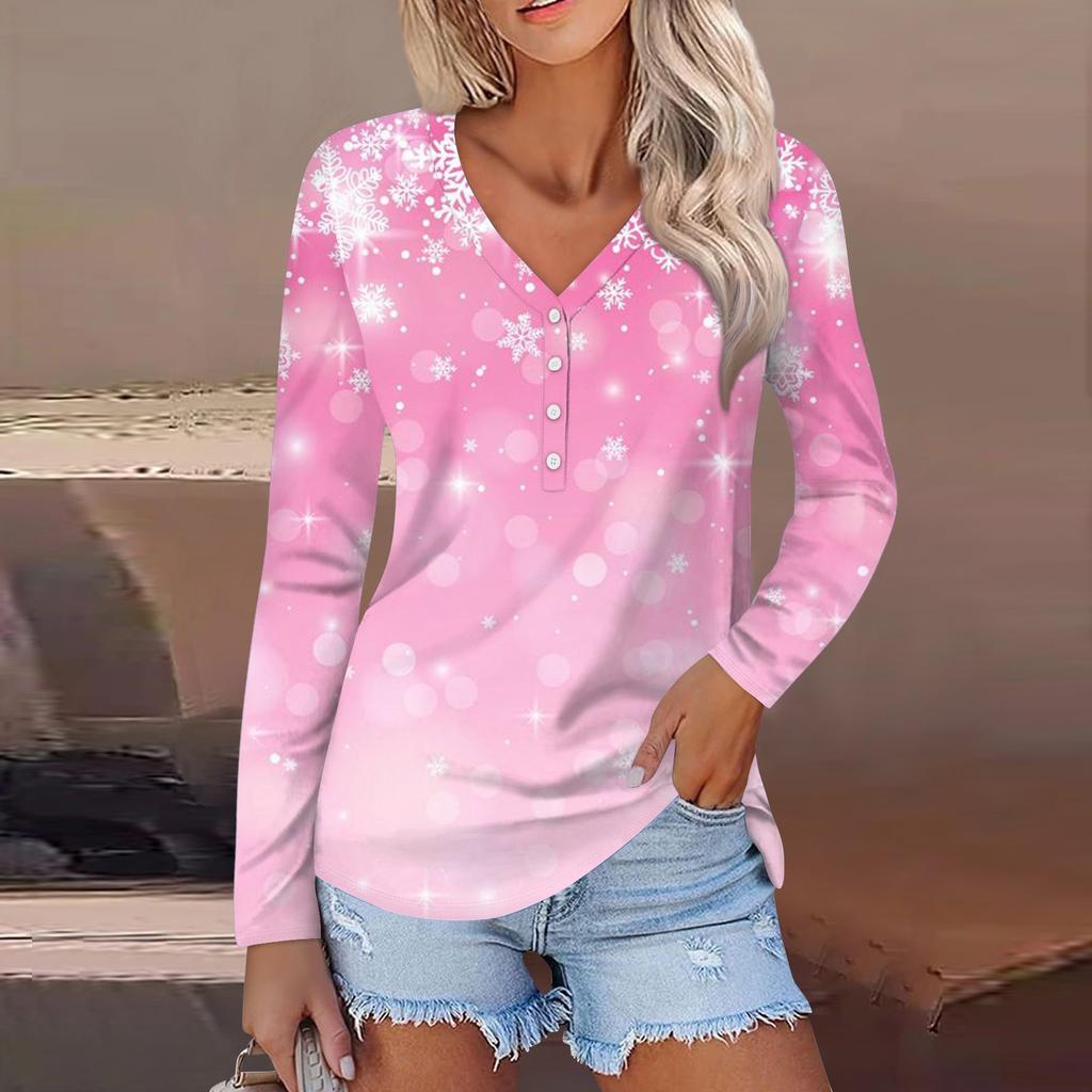 Women's Casual Fashion Sexy Comfort Christmas Printed V-Neck Button Long Sleeve