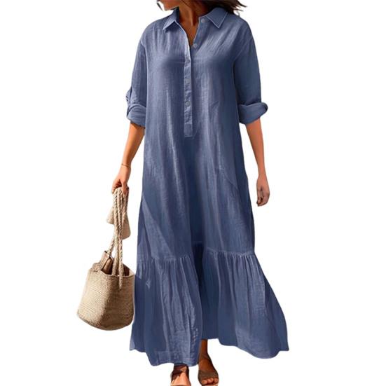 Женское хлопковое льняное платье-рубашка с длинным рукавом и V-образным вырезом на пуговицах, повседневное струящееся длинное платье больших размеров