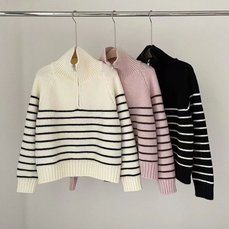 Pullover Female Versatile Design Sense Autumn Glutinous Contrast Loose Cover Flesh Stripe Knit Pullover Sweater Female Top