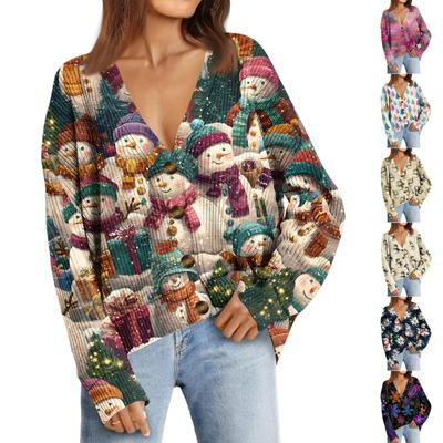 Женский модный кардиган с длинным рукавом, принтом, V-образным вырезом, на пуговицах, свободного кроя