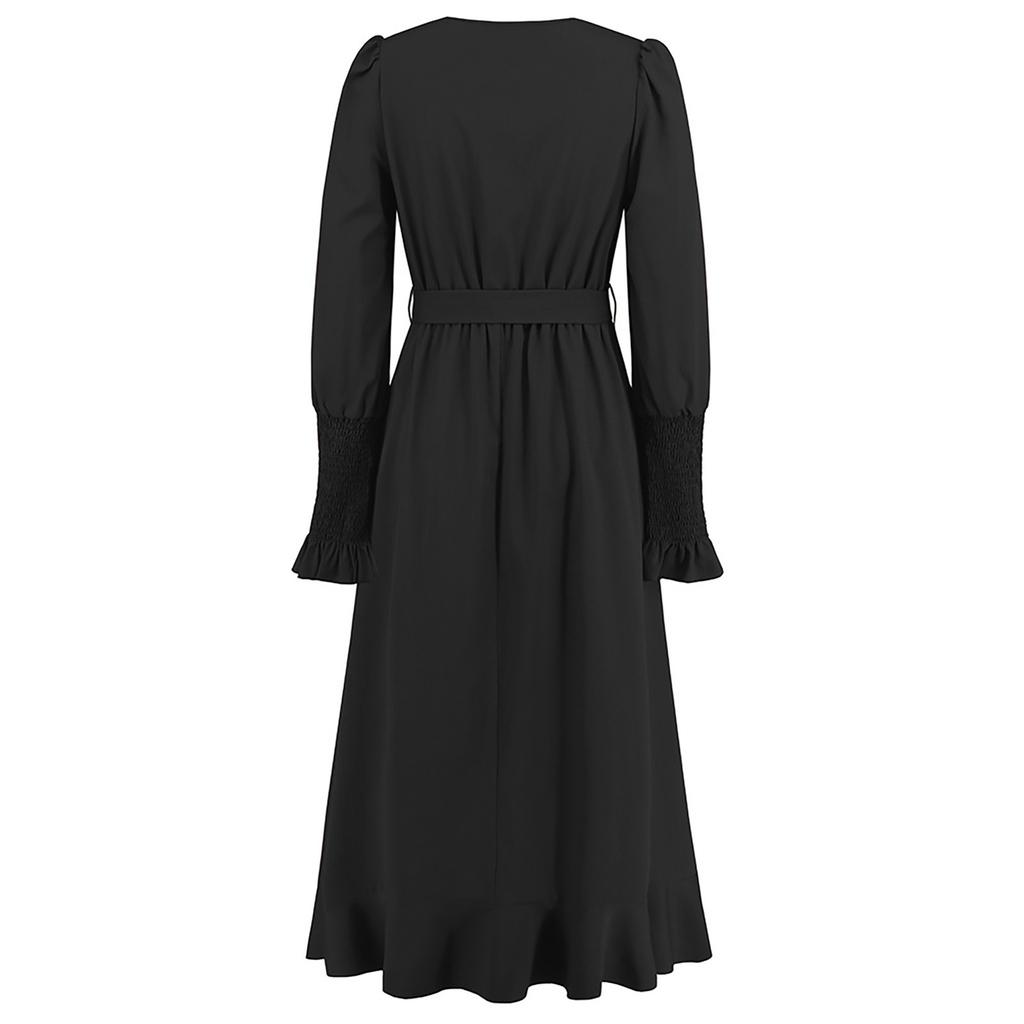 Women's Long Sleeved Solid Color High Round Large Swing Dress Slim Fit Long Dress