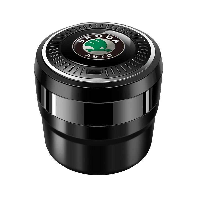 XOWS7 Portable Car Ashtray With LED Light For Skoda Octavia Superb Kodiaq Karoq Fabia Ceramic Liner Smokeless Auto Interior Accessorie