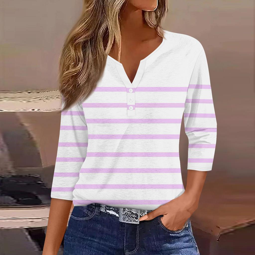Жен. Футболка Футболка С принтом Пуговицы Рукав 3/4Ежедневно Выходные Мода Классический Топ с v-образным вырезом Обычный