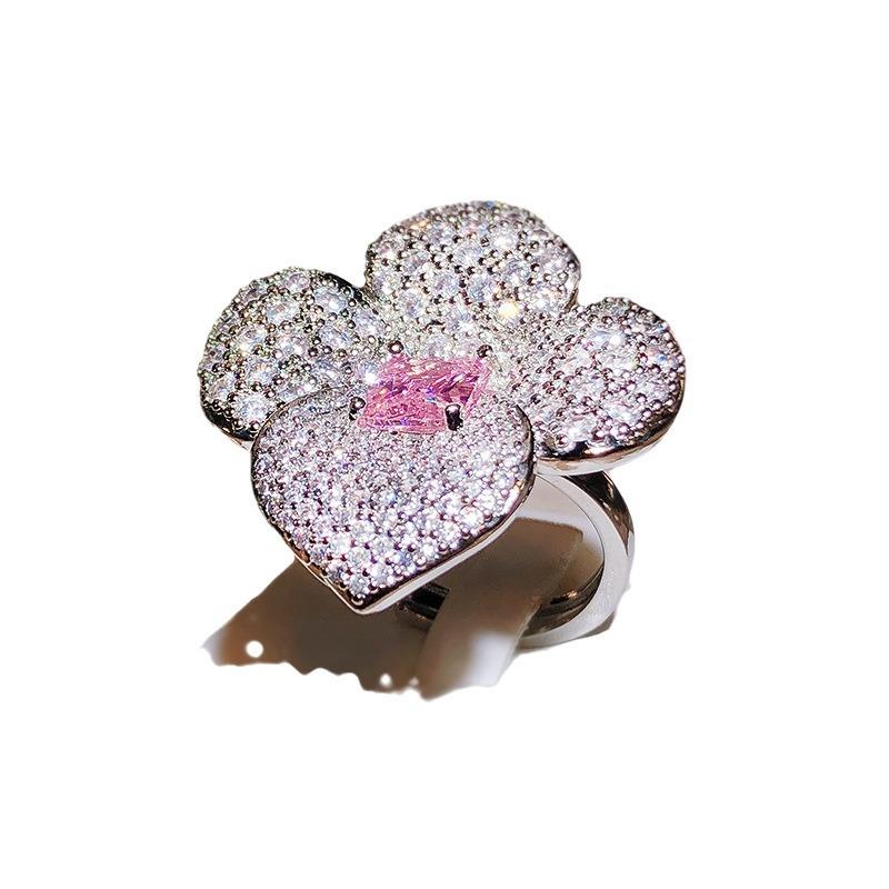 Deluxe Full Diamond Rich Flower Square Chamfered Imitation Pink Ice Flower Cut High Carbon Diamond Ring
