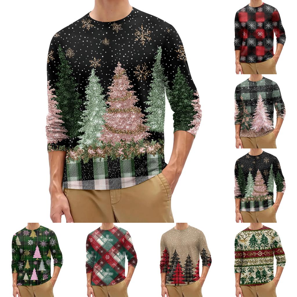 Men's Fashion Printed Round Neck Long Sleeve Bottoming Shirt Top