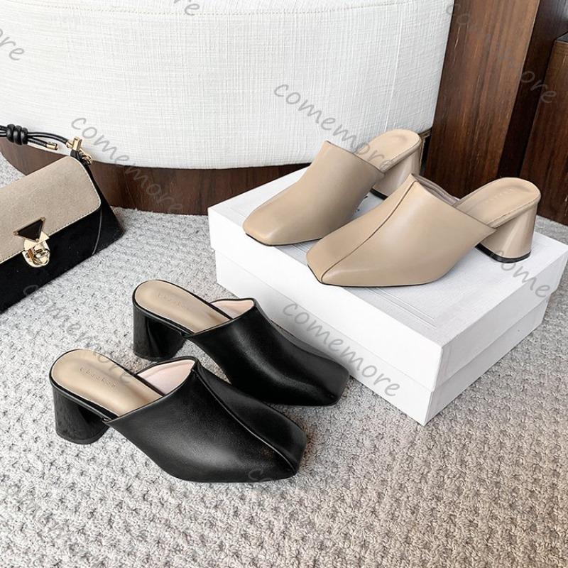 Comemore High Heels Mules Women Slippers Summer Shoes 2025 New Elegant Solid Color Casual Chunky Heeled Baotou Half Slipper