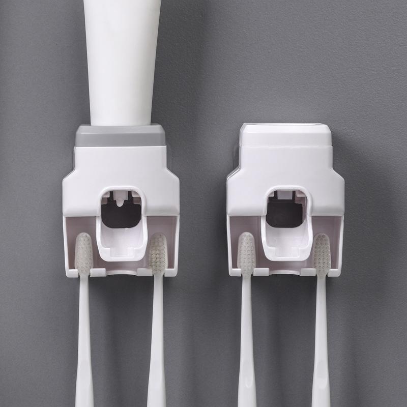Automatic Toothpaste Dispenser Set Wall-Mounted Extruder Plastic No-Punch Lazy Man Toothbrush Holder Bathroom Accessories Gadget