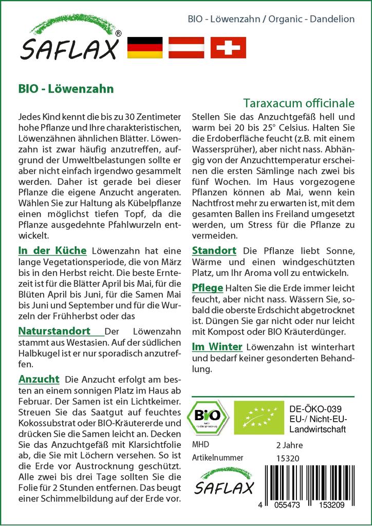 SAFLAX Garden in the Bag - Органический - Одуванчик - 400 семян - С субстратом в подходящем стоячем пакете - Taraxacum officinale