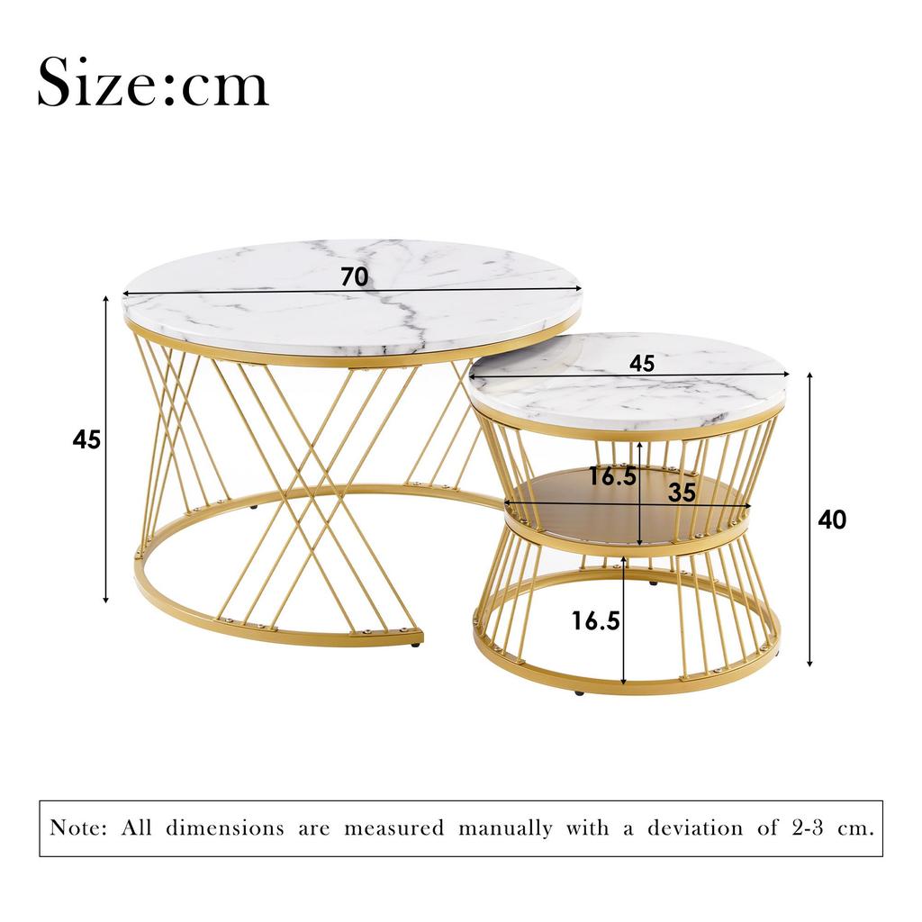 Flieks Coffee Table Set of 2, High-Gloss Living Room Table with Storage, for Living Room and Balcony - Metal Frame, Gold and White