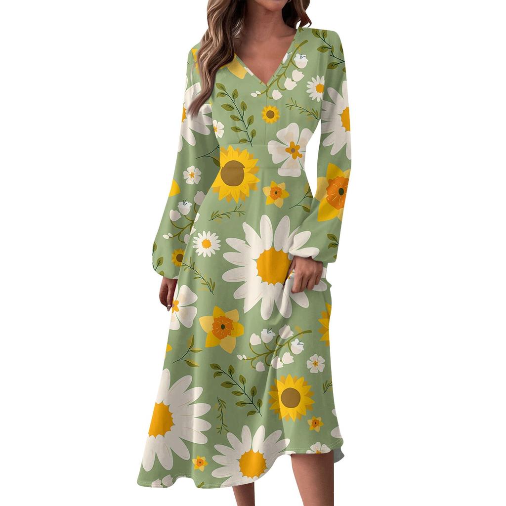 Женское осенне-зимнее повседневное модное длинное платье с v-образным вырезом и длинным рукавом с принтом