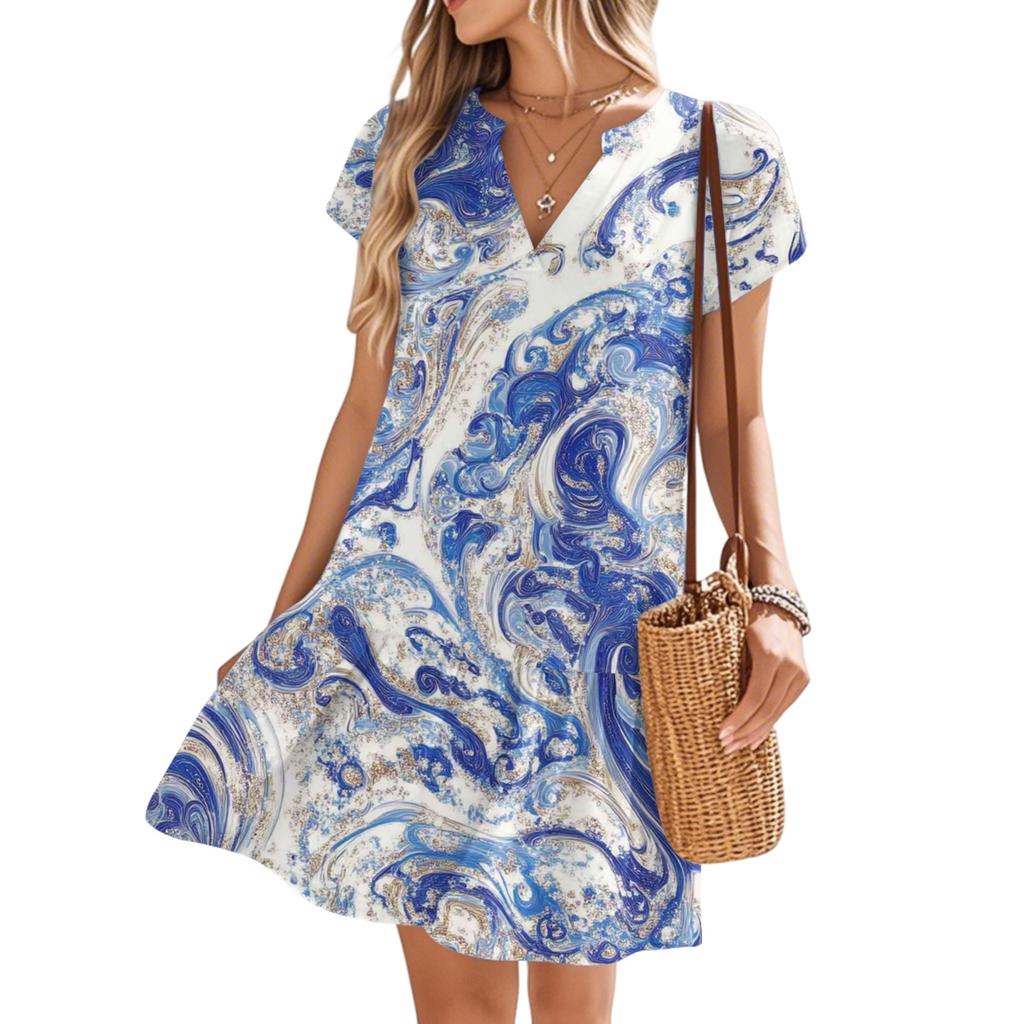 Женские платья с коротким рукавом и V-образным вырезом с цветочным принтом Свободные повседневные пляжные платья в стиле темперамент