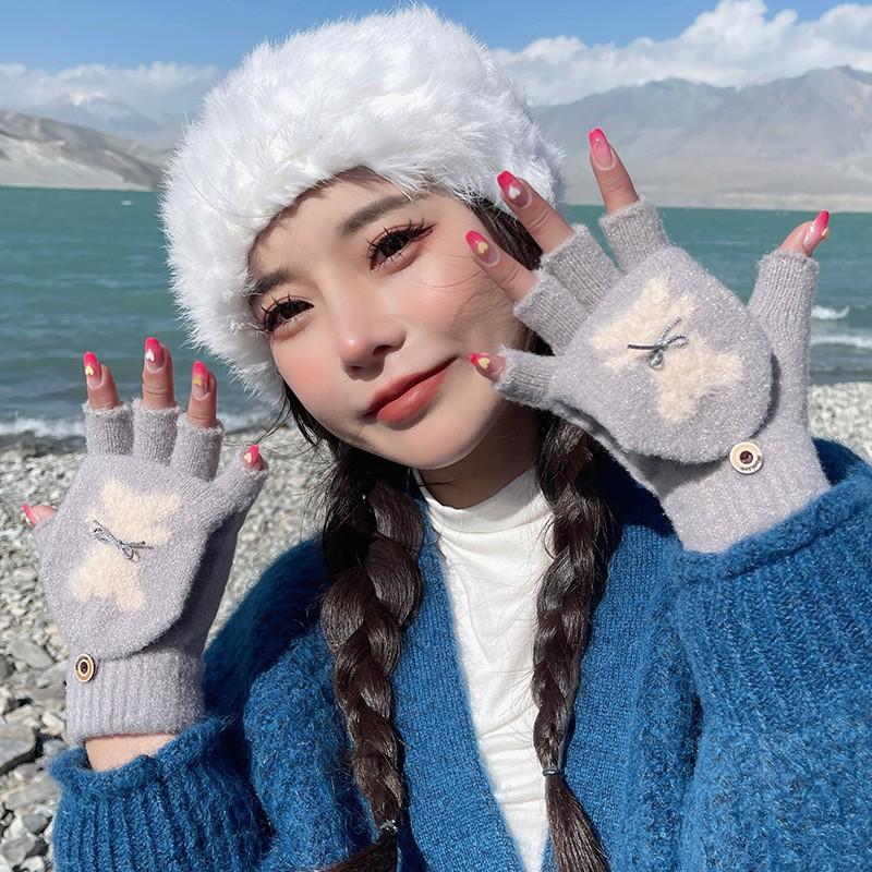 Womens Winter Cycling Gloves Thick Knitted Half-Finger Warm Touchscreen Compatible With Bear Bow Design