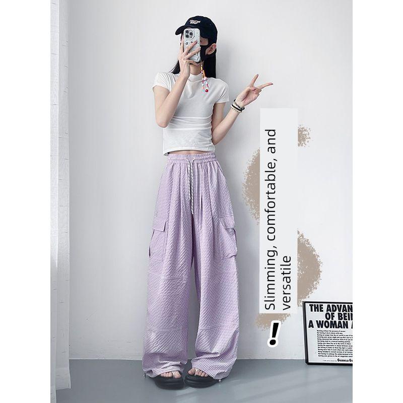 Plaid Cargo Pants for Women, Summer Thin Style, Plus Size, Slimming, Drapey, Lightweight, Quick-Dry, Dance Sports Ice Silk Wide-Leg Pants