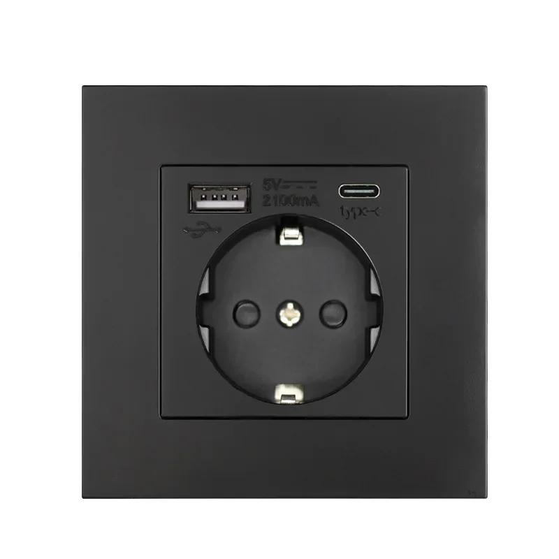 EU Standard USB Socket TypeC Charging Port Outlet,France with Socket with Switch, 16A Double Frame Wall USB Power AC 110-250V