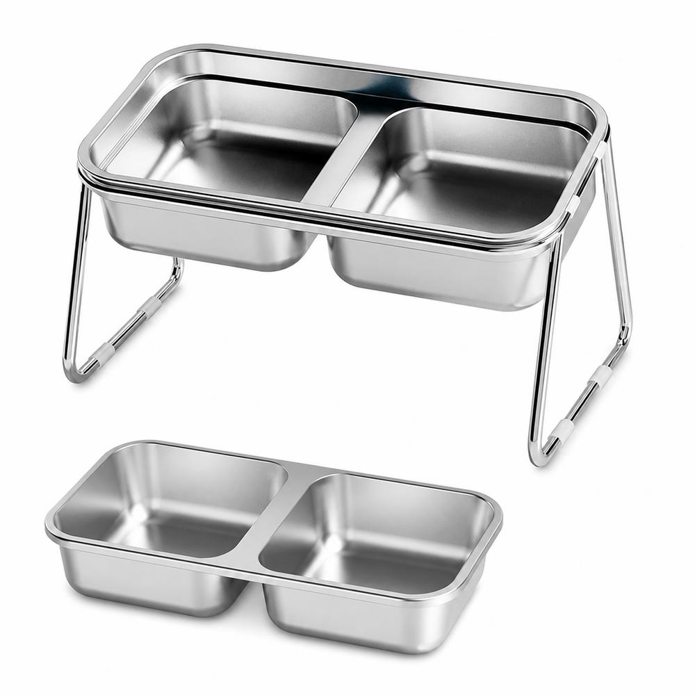 Stainless Steel Pet Feeding Bowl Non-Slip Base Elevated Feeding Pet Water Bowl Double Compartment Slanted Dog Bowl